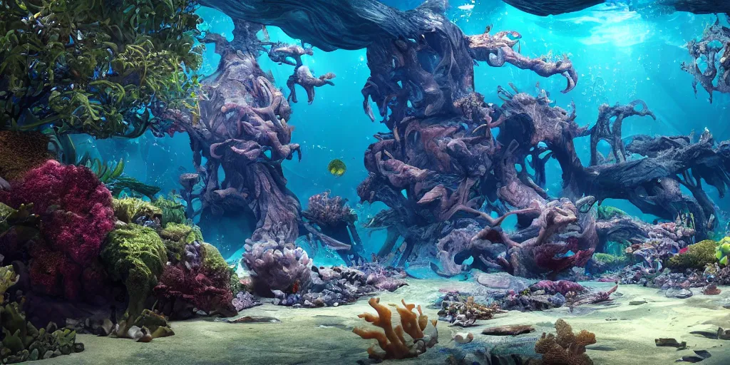 Image similar to underwater enviroment with Lophiiformes creatures, unreal 5, hyperrealistic, realistic, photorealistic, dynamic lighting, highly detailed, cinematic landscape, studio landscape, studio lighting