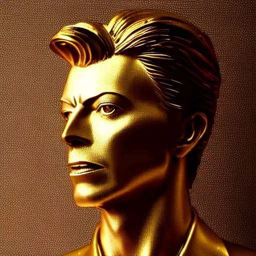 Prompt: Golden sculpture of David Bowie. Minimalism, high definition, perfect composition. Volumetric Lighting.