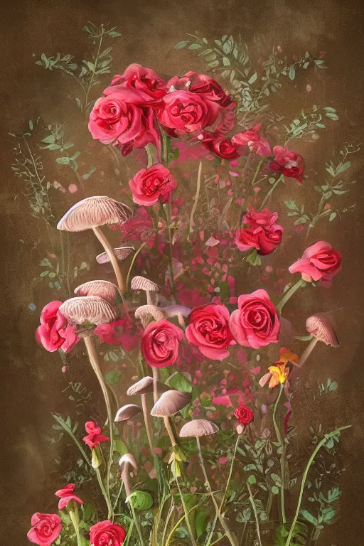 Prompt: beautiful digital matter cinematic painting of whimsical botanical illustration of roses and lilies mushrooms hidden thicket, whimsical scene bygreg rutkowki artstation