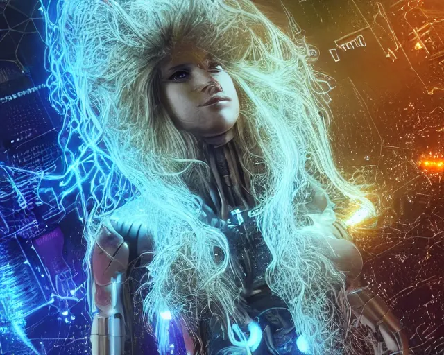 Image similar to glowing hair, complex cybernetic beings, beautiful hairy humanoids, cybermagnetosphere, cybernetic civilizations, ornate hair, love, joy, vortexes, large arrays, data holograms, 8 k, cinematic light shadows, wet hdr refractions, *, * * *, * * * * *