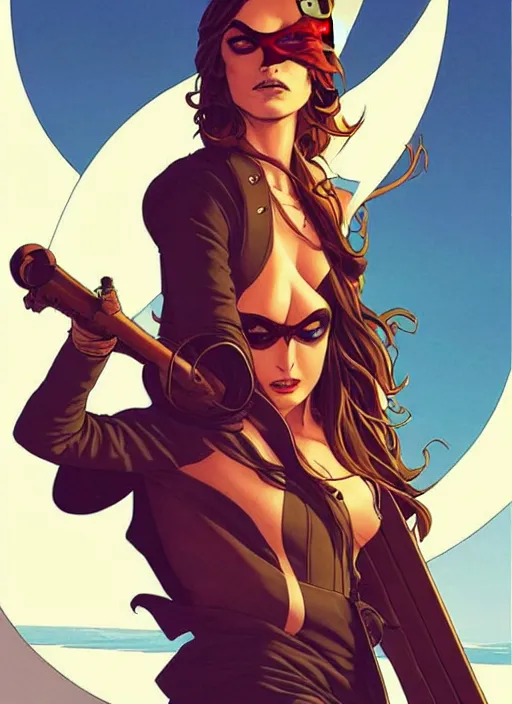 Prompt: Rafeal Albuquerque comic art, Joshua Middleton comic art, pretty female Phoebe Tonkin, pirate, eye patch over left eye, evil smile, pirate clothing, long wavy brown hair, full body:: sunny weather::