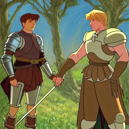 Prompt: arthur pendragon training with his favorite knight, natural lighting, path traced, highly detailed, high quality, cartoon, digital painting, by don bluth and ross tran and studio ghibli and alphonse mucha