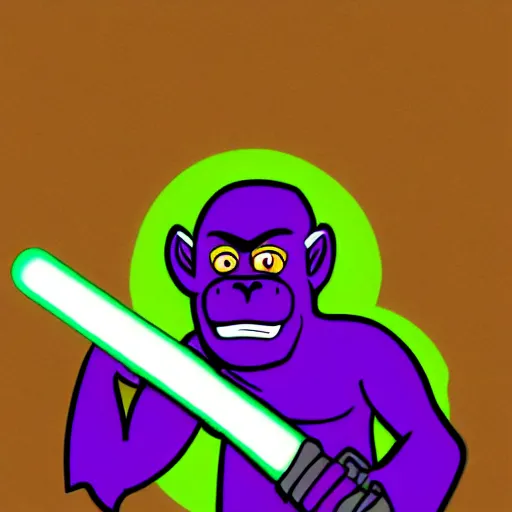 Prompt: purple gorilla using a green light saber in the desert comics style