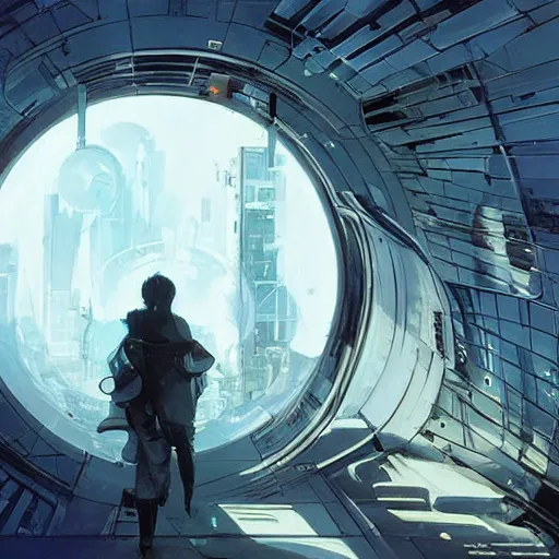 Image similar to circular derelict portal in a middle of a futuristic cityscape, world seen only through a portal, daylight, cinematic perspective, cinematic lighting, blue sky, syd mead, john harris