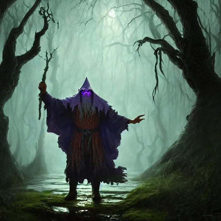 Image similar to mystical wizard in haunted swamp, highly detailed, d & d, fantasy, highly detailed, digital painting, trending on artstation, concept art, sharp focus, illustration, global illumination, ray tracing, realistic shaded, art by artgerm and greg rutkowski and fuji choko and viktoria gavrilenko and hoang lap