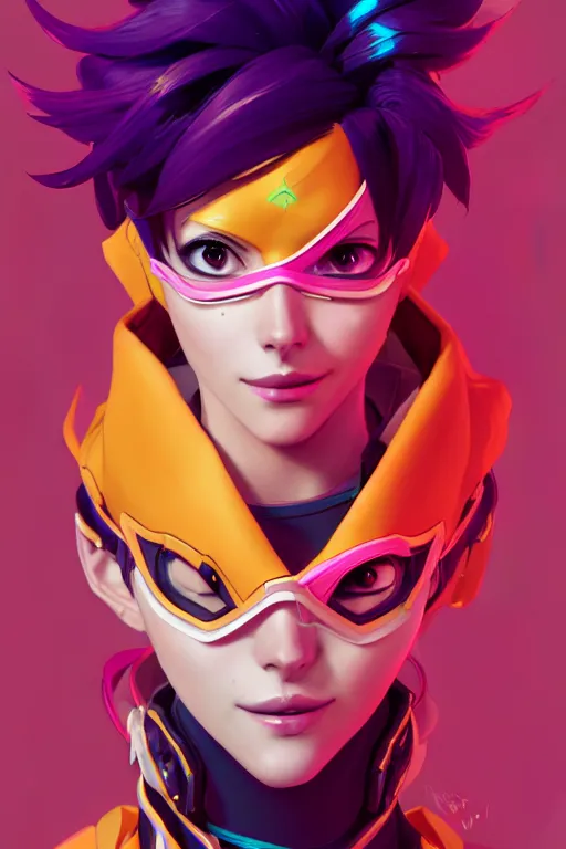 Prompt: portrait of beautiful tracer from overwatch!! artstation winner by victo ngai, kilian eng and by jake parker, by conrad roset, swirly vibrant color lines, winning award masterpiece, fantastically gaudy, aesthetic octane render, 8 k hd resolution