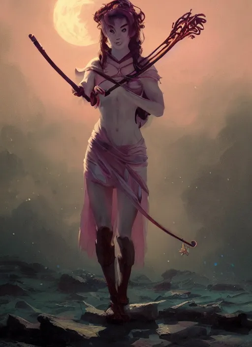 Prompt: hyper realistic photo of beautiful conjurer girl holding a magic staff under the moonlight, full body, rule of thirds, conceptart, saturated colors, cinematic, greg rutkowski, brom, james gurney, mignola, craig mullins, artstation, cgsociety