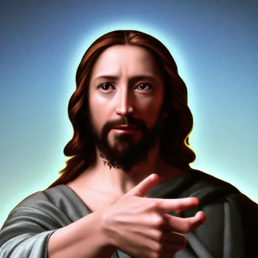 Image similar to uhd real 8 k photo of jesus showing his middle finger, digital art, portrait, portrait concept art, special effects, finely detailed, studio lighting, correct details, correct face, accurate middle finger