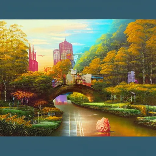 Image similar to Beautiful city of the future in harmony with nature. Nice colour scheme, soft warm colour. Beautiful detailed painting by Lurid. (2022)