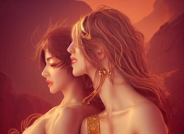 Image similar to woman love woman, sweet hugs, gold trim, atmoshperic, elegant, sharp focus, sand sea, red sun, huge lips, by knight zhang, queen of pain. trending on artstation, intricate details