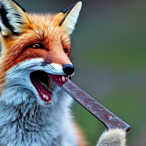 Image similar to a fox holding a sword in its mouth