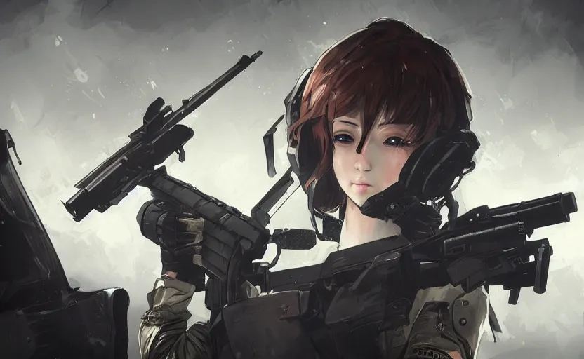 Image similar to highly detailed, high resolution, character design art, stunning, volumetric lightning, realistic guns, girls frontline style, matte, sharp focus, intricate, 1 5 0 mm, illustration, artstation, by kuvshinov ilya, realistic human anatomy, simple design, realistic military gear, metal gear style