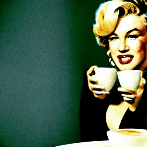 Image similar to a close - up, color cinema film still of a marlin monroe drinking coffee at a starbucks, ambient lighting at night, from matrix ( 1 9 9 9 ).