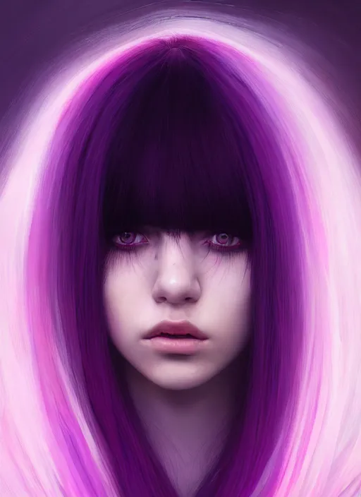 Image similar to hair whitebangs hair, black hair, whitebangs, portrait of teenage girl with white bangs, red irises, purple clothes, white bangs, bangs are different color from hair, intricate, elegant, glowing lights, highly detailed, digital painting, artstation, concept art, smooth, sharp focus, illustration, art by wlop, mars ravelo and greg rutkowski