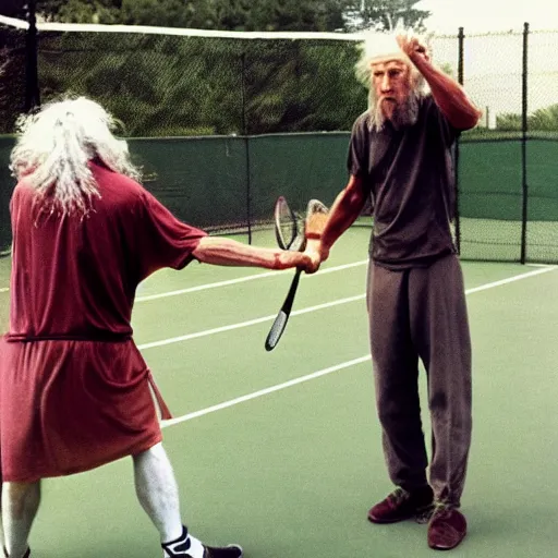 Image similar to Gandalf playing tennis with Sauron in front of Mount Doom.