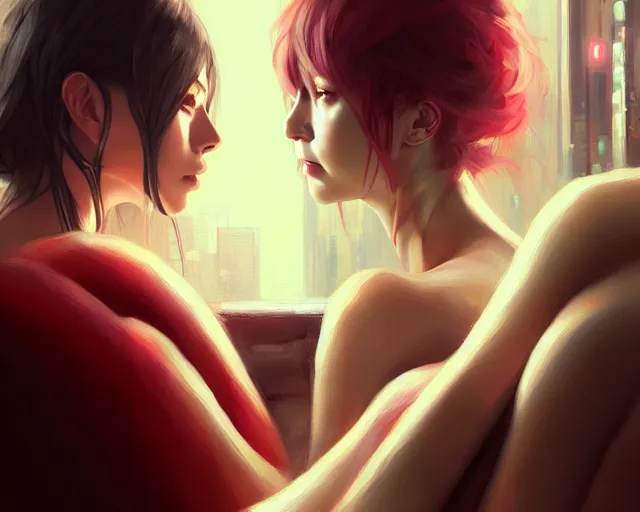 Image similar to a painting of two women sitting on a couch, cyberpunk art by wlop, cgsociety, fantasy art, anime aesthetic, anime, dystopian art, true anatomy, extremely beautiful face, extremely detailed face