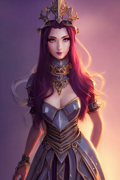 Image similar to a full body portrait of a gorgeous female paladin, D&D, choker on neck, stylish dress, very long flowing hair, intricate, elegant, stylish, cute slightly nerdy smile, mouth slightly open, fantasy, extremely detailed, digital painting, artstation, concept art, smooth, sharp focus, illustration, stunning lighting, art by artgerm and greg rutkowski and alphonse mucha and simon stalenhag