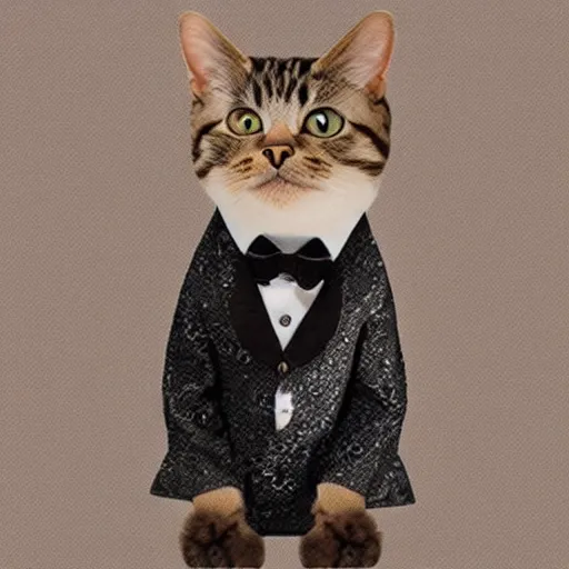 Image similar to a cat wearing a luxurious 3 piece suit