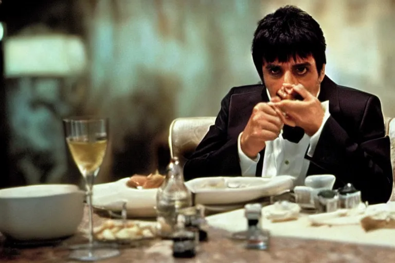 Image similar to medium shot. tony montana from movie scarface 1 9 8 3. staying with m 1 6 riffle. table with cocaine in background. al pacino. perfect symmetric face, coherent eyes, fine details, 4 k, ron cobb. cinestill