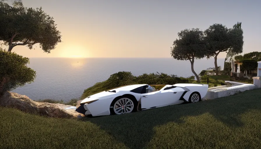 Image similar to sicilian white villa built on the edge of a hill, lamborghini, sunrise, sea, trees, wide view, hyperdetailed, artstation, cgsociety, 8 k