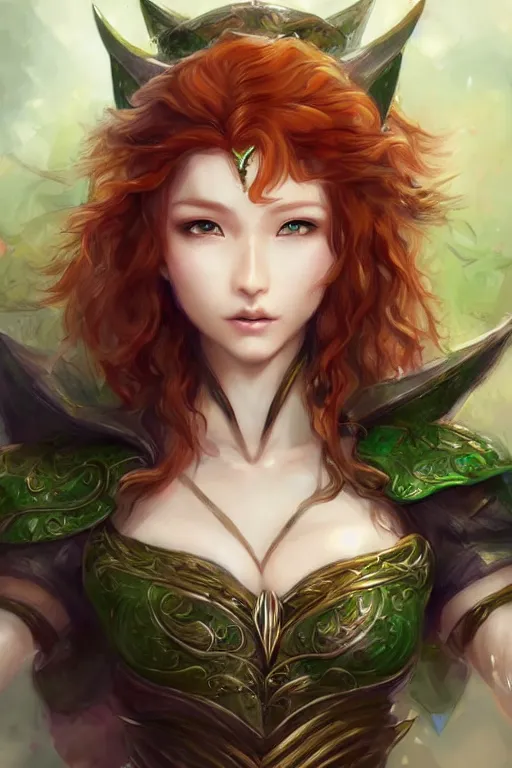 Image similar to A realistic anime portrait of long curly haired redhead female elf ranger wearing an intricate fantasy ranger outfit, asian facial features, green eyes, digital painting, by Stanley Artgerm Lau, Sakimichan, WLOP and Rossdraws, digtial painting, trending on ArtStation, SFW version