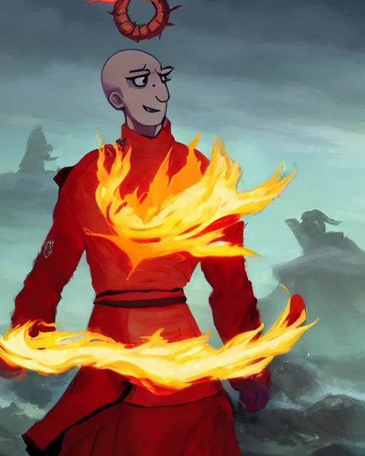 Image similar to [ [ [ [ [ [ squidward ] ] ] ] ] wearing fire nation clothing and practicing firebending outside at susnset, [ [ [ [ [ [ greg rutkowski ] ] ] ] ] ]