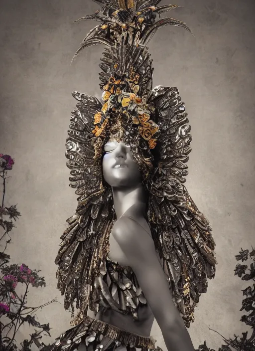 Prompt: full body environmental portrait photo of a goddess as angel, ornate headpiece made from flowers, ornaments, glamour shot by gemmy woud - binnendijk, chris knight, photorealistic, canon r 3, fashion photography, ornate, elegant, luxury and elite, symmetrical features, octane render, unreal engine, solid dark grey background, clamp shell lighting