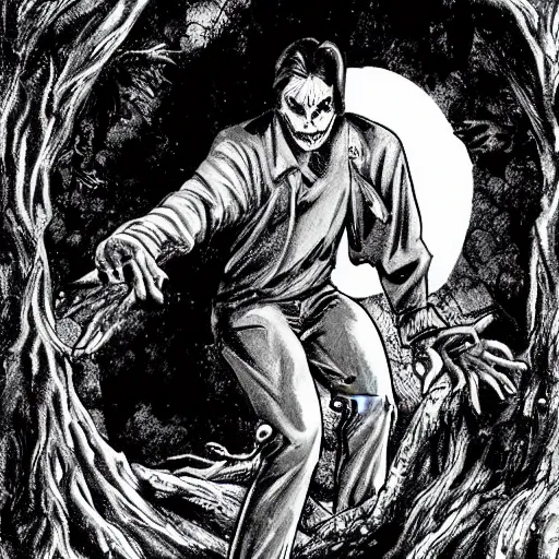 Prompt: b & w horror comic art of a vampire emerging from a hole beneath a tree