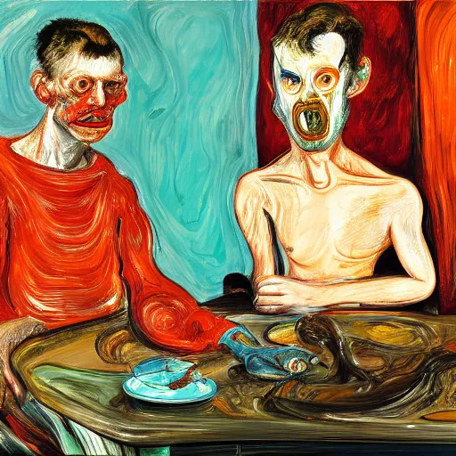 Image similar to high quality high detail expressionist painting of a man in agony by lucian freud and jenny saville edvard munch and francis bacon, hd, anxiety, seated at table, turquoise and orange