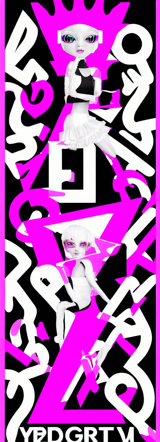 Image similar to digital vector y 2 k typography logotype, white and black and fuchsia colors, kawaii cyber pixie, graphic design