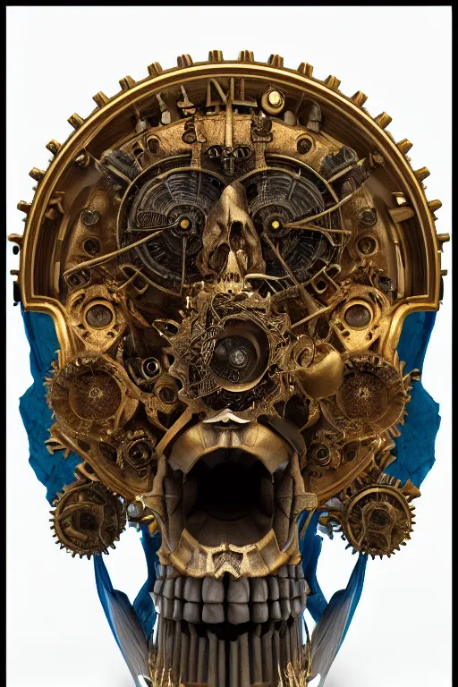 Image similar to conceptart 3 d render ultra detailed of a skull, intricate art deco and steam punk gears details inside, hyperrealistic, volumetric lighting, ultra detailed, elegant, octane render, blue and gold, 8 k, trending on artstation, unreal engine