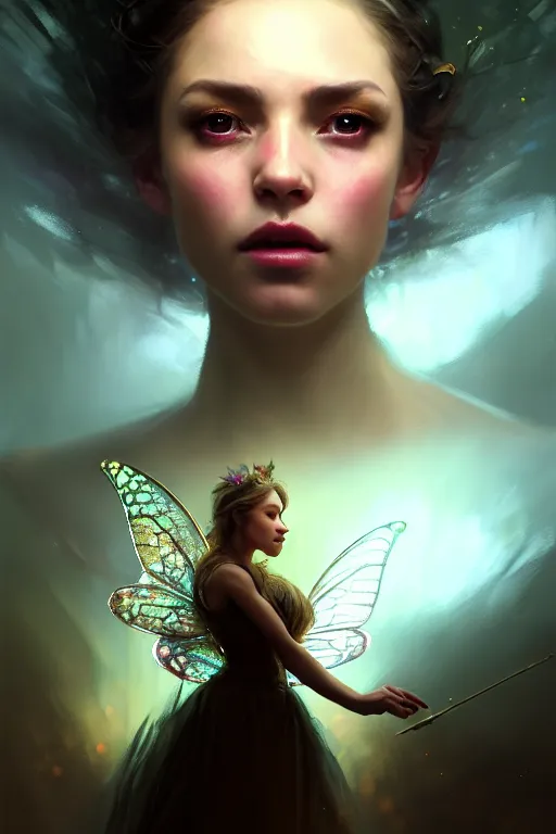 Image similar to cinematic shot of an epic portrait of a fairy dressed in military clothes, shiny skin, beautiful eyes, beautiful, small details, night setting, realistic poster with volumetric light from craig mallism, artgerm, jeremy lipkin and michael garmash, unreal engine, radiant light, detailed and complex environment, digital art, trends at art station, a masterpiece