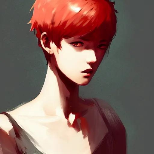 Image similar to portrait of a teen girl with short red hair, dramatic lighting, anime illustration by Alexis Franklin, Greg rutkowski, yoji shinkawa, 4k, digital art, concept art, trending on artstation, アニメ, featured on pixiv