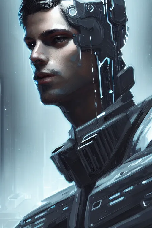 Prompt: a portrait of the handsome cyberpunk cyborg, high - contrast, intricate, elegant, highly detailed, digital painting, artstation, concept art, smooth, sharp focus, illustration