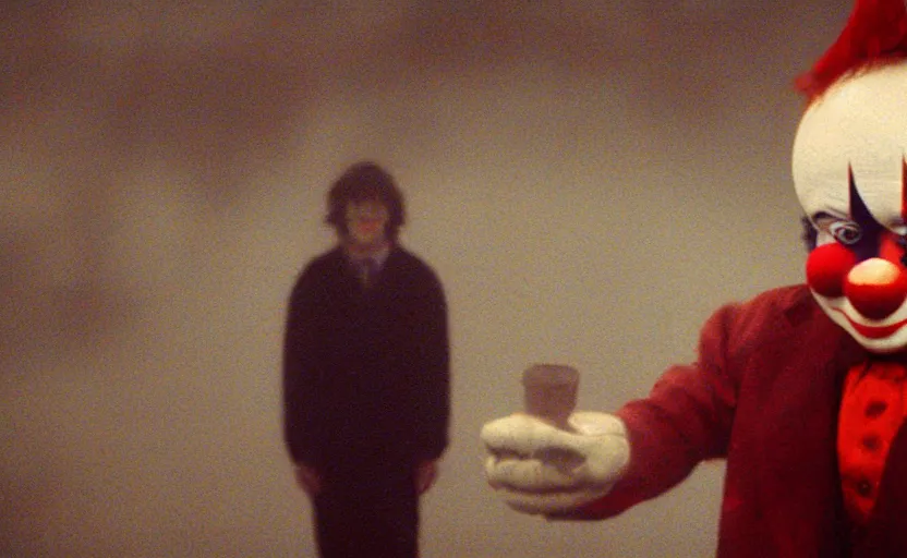 Image similar to cinematic shot of a happy juggling clown, moody scene from being john malcovich directed by charlie kaufman ( 2 0 0 1 ), foggy volumetric light morning, anamorphic lenses, kodak color film stock