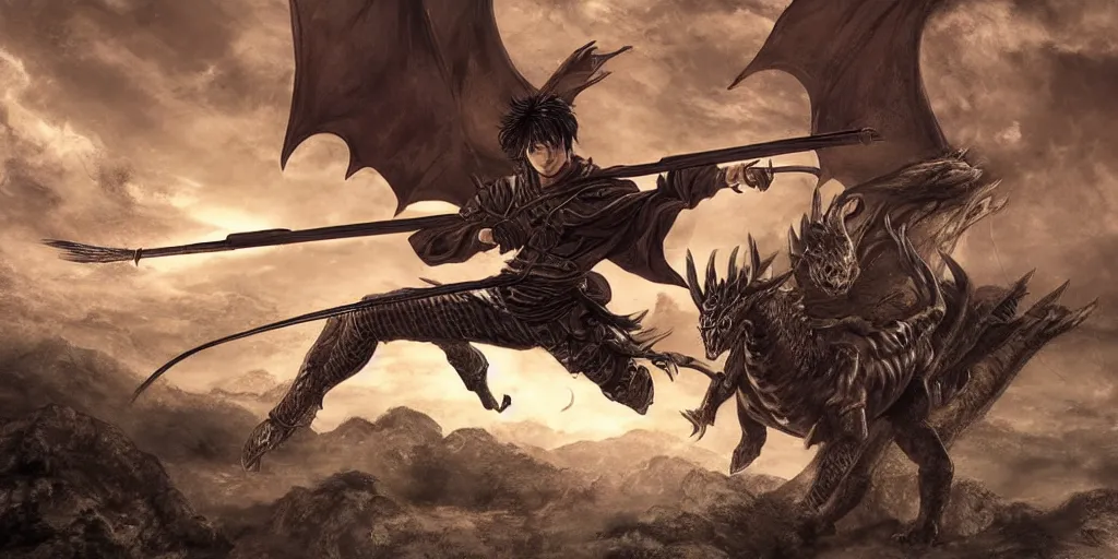 Prompt: korean archer shooting a dragon. the moon is in the sky. there is a river. dark fantasy. high resolution. detailed. digital art. dark fantasy. kentaro miura.