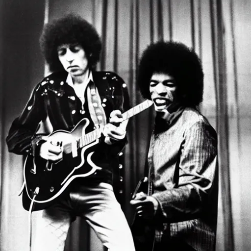 Prompt: bob dylan playing with jimi hendrix, photograph