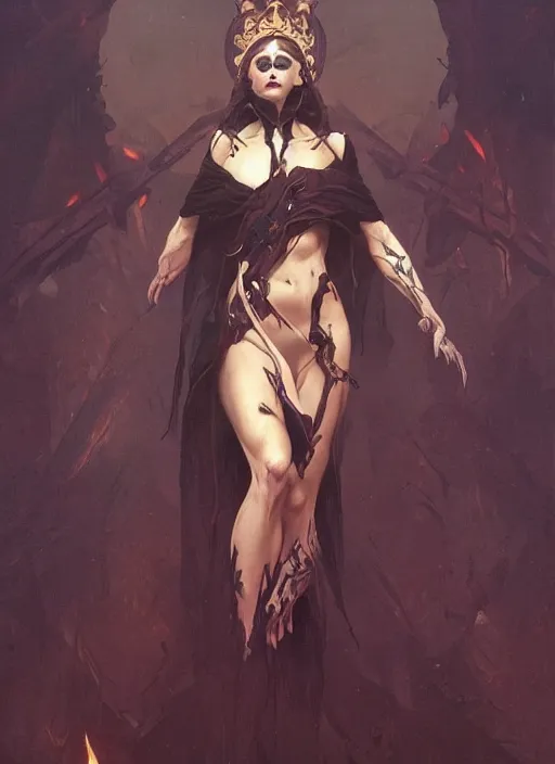 Image similar to a beautiful painting of a dark death goddess, face, full body, by Greg rutkowski and artgerm and Alphonse Mucha, trending on artstation