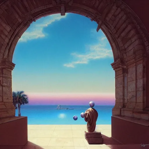 Image similar to David Ligare masterpiece, neon sign, hyperrealistic surrealism, award winning masterpiece with incredible details, beautiful lighting, pool caustics, illuminated orbs, epic stunning, infinity pool, a surreal vaporwave liminal space, highly detailed, trending on ArtStation, broken giant marble head statue ruins, calming, meditative, geometric liminal space, palm trees, very vaporwave, very very surreal, sharp details