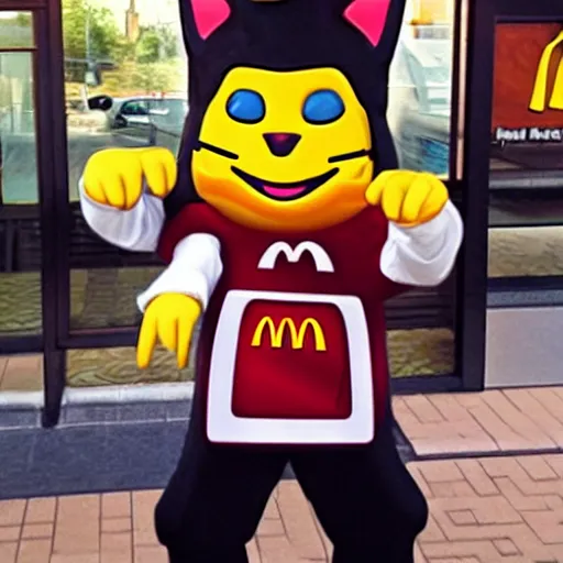 Prompt: photo of anthropomorphic cat working for mcdonalds