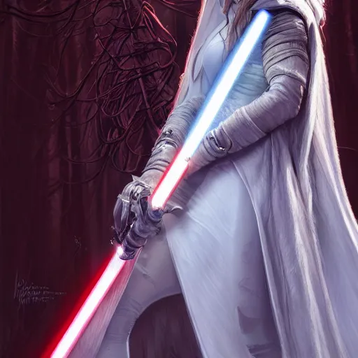 Image similar to perfect drawing of avril lavigne wearing white cloak holding light saber, intricate, highly detailed, digital painting, artstation, concept art, smooth, sharp focus, illustration, unreal engine 5, 8 k, art by artgerm and greg rutkowski and alphonse mucha