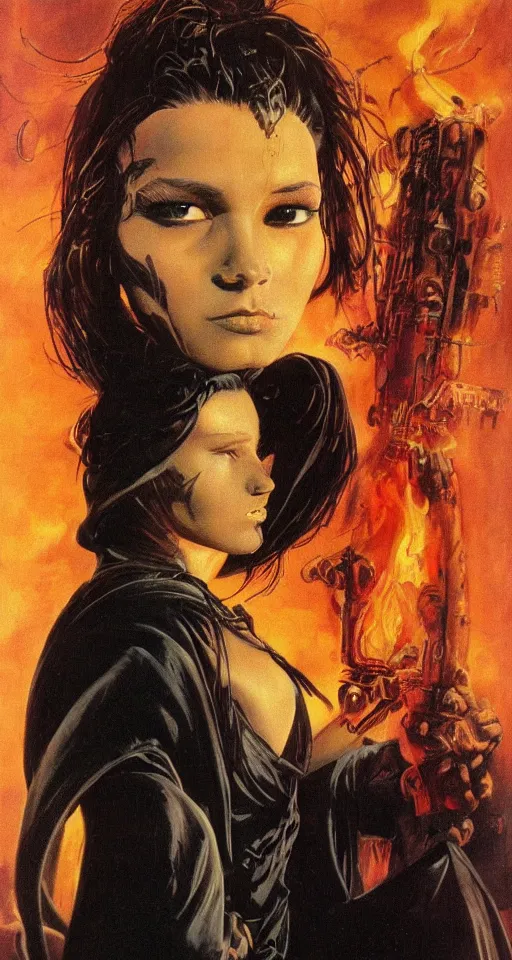 Prompt: portrait of a cyberpunk young witch in a black robe sitting on the ground next to a fire, full moon in the sky overhead, detailed face, highly detailed, by frank frazetta and boris vallejo