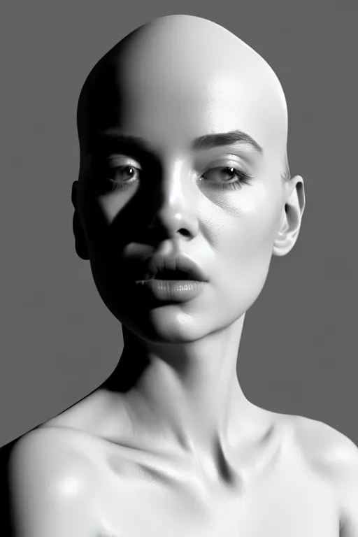 Prompt: monochrome 3 d model, beautiful young female volumetric light, alexander mcqueen, rim light, octane render, 8 k