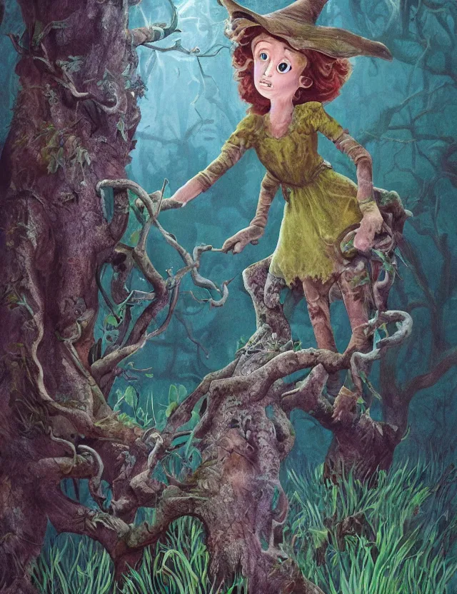 Prompt: witch of the lichen woods. this air brush painting by the beloved children's book illustrator has an interesting color scheme, plenty of details and impeccable lighting.