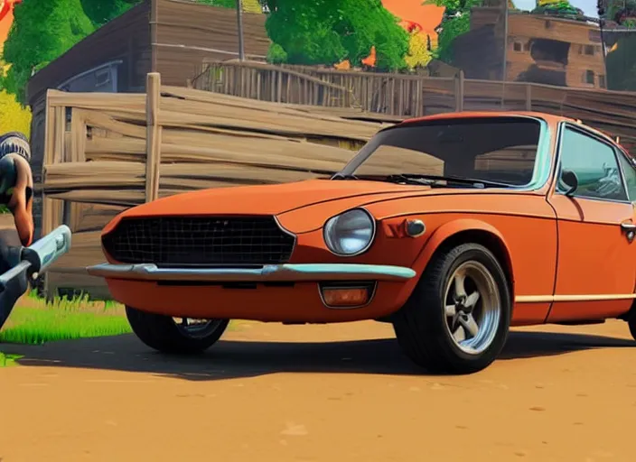 Image similar to a cartoon 1 9 7 0 datsun 2 4 0 z in fortnite, unreal engine