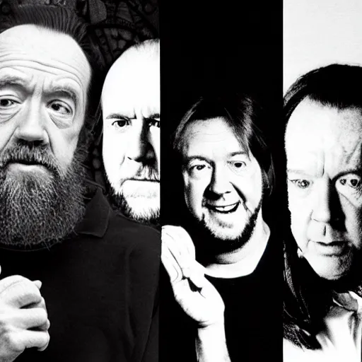 Prompt: alan watts, george carlin, bill hicks, and bill burr in the same room