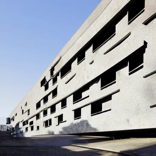 Prompt: brutalist city with sharp edges and concrete walls, highly detailed, sky shot, in the bright day, in the far future