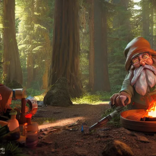 Prompt: a alchemist gnome buffing his gnome allies in a redwood forest, unreal engine, octane render, realistic, matte painting, masterpiece