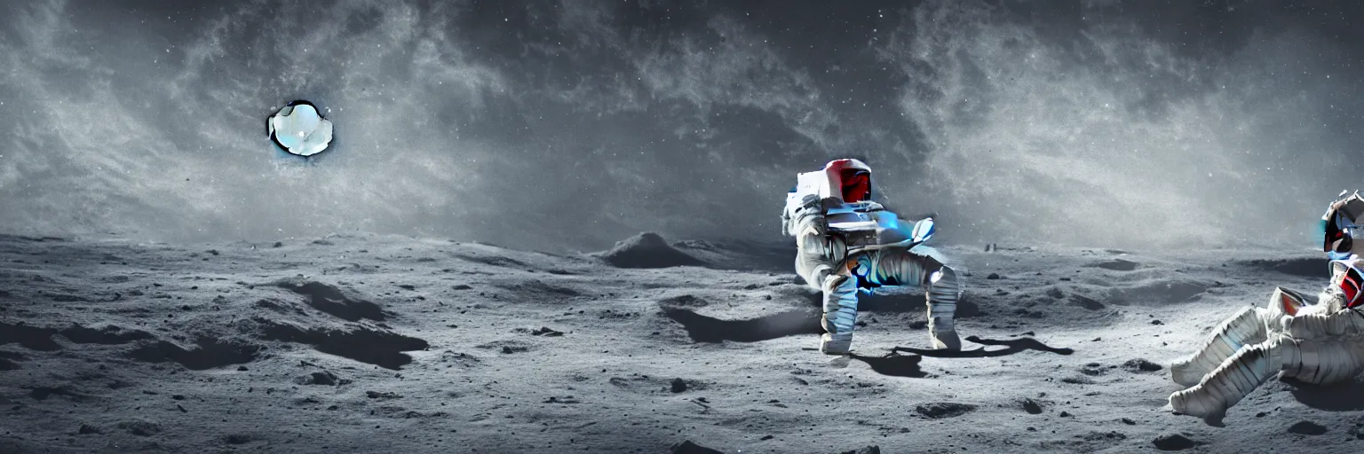 Prompt: A highly photographic render of astronaut on the Moon, sitting on a concrete bench reading a book, rim lighting, cinematic lighting, octane engine, photo realistic image, 4K, super detailed, cinematic look, full resolution