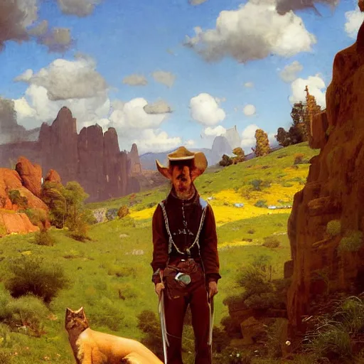 Image similar to wild west portrait of furry anthro anthropomorphic mountain lion head animal person fursona wearing clothes in the valley, sunny day, digital art by Nerdrum John, William Waterhouse, Winslow Homer, Alex Heywood, Jordan Grimmer, Darren Quach, Greg Rutkowski, Simon Stalenhag, trending on Artstation, CGSociety